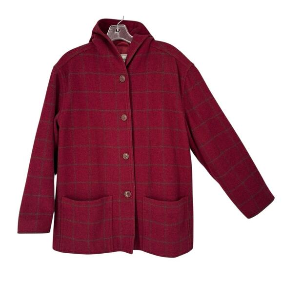 Vintage LL Bean Wool Blend Chore Coat Womens Windowpane Check Medium Hooded - Picture 1 of 11